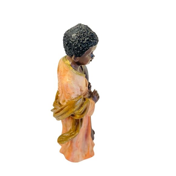 Handcrafted 5" Resin Figurine Of Shepherd Boy Holding Staff In Orange Robes 5" - Picture 7 of 11